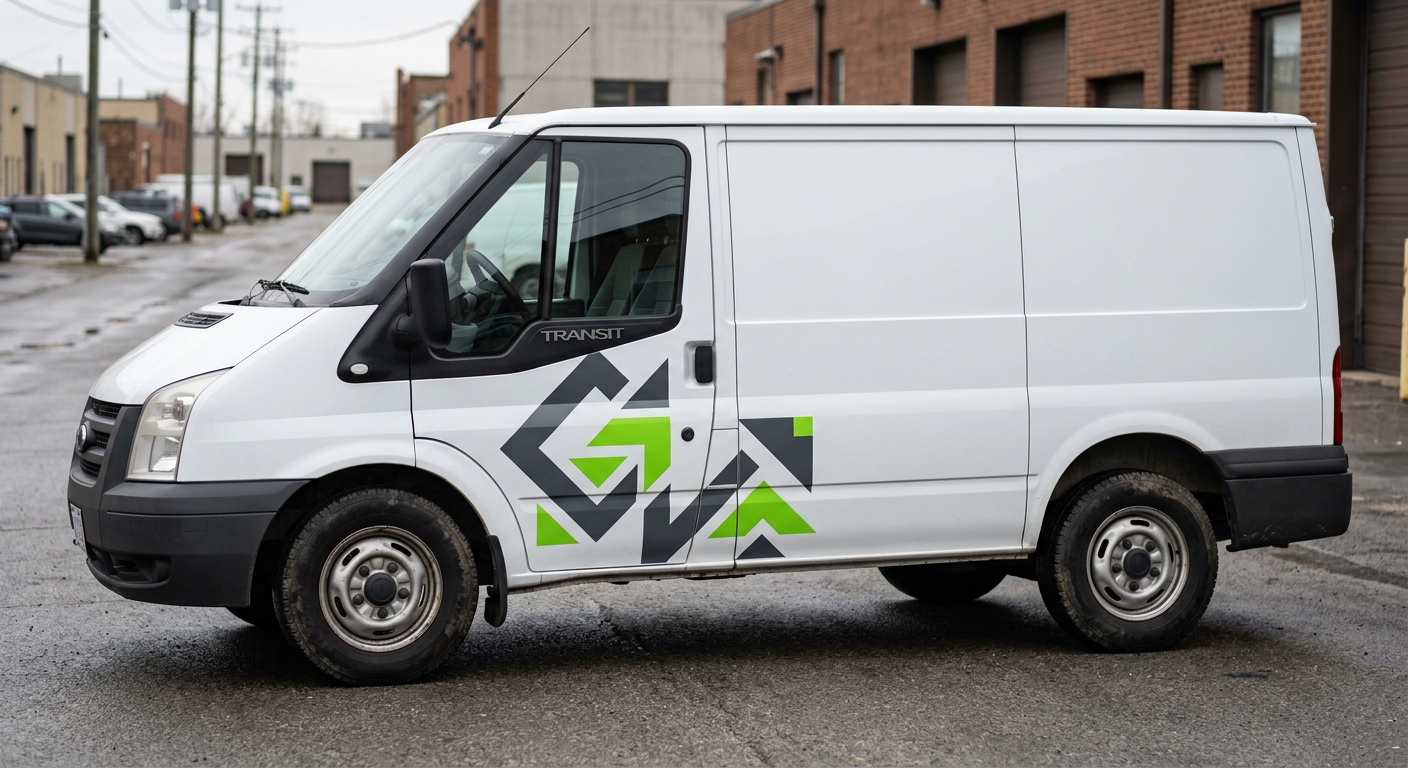White service van with bold blue and orange Metro HVAC logo and contact info applied in cut vinyl