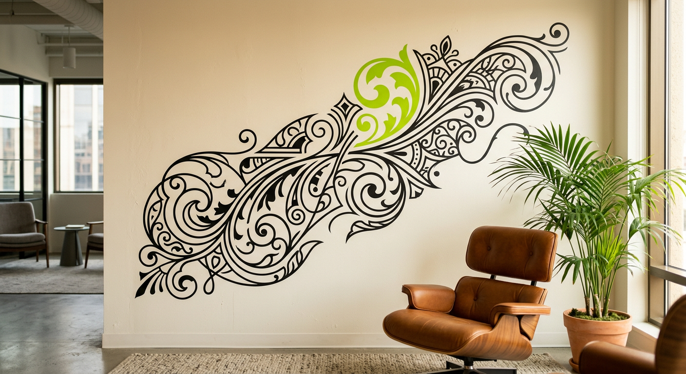 Clean modern office wall with large geometric cut-vinyl pattern in charcoal and brand accent colour