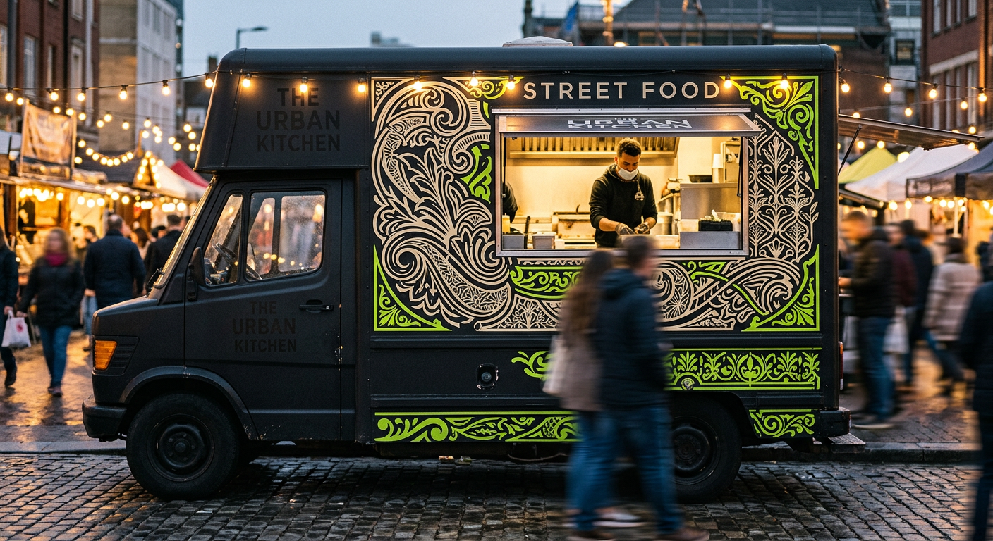 Vibrant full-wrap food truck covered in warm jewel-toned spice pattern and bold Spice Route typography